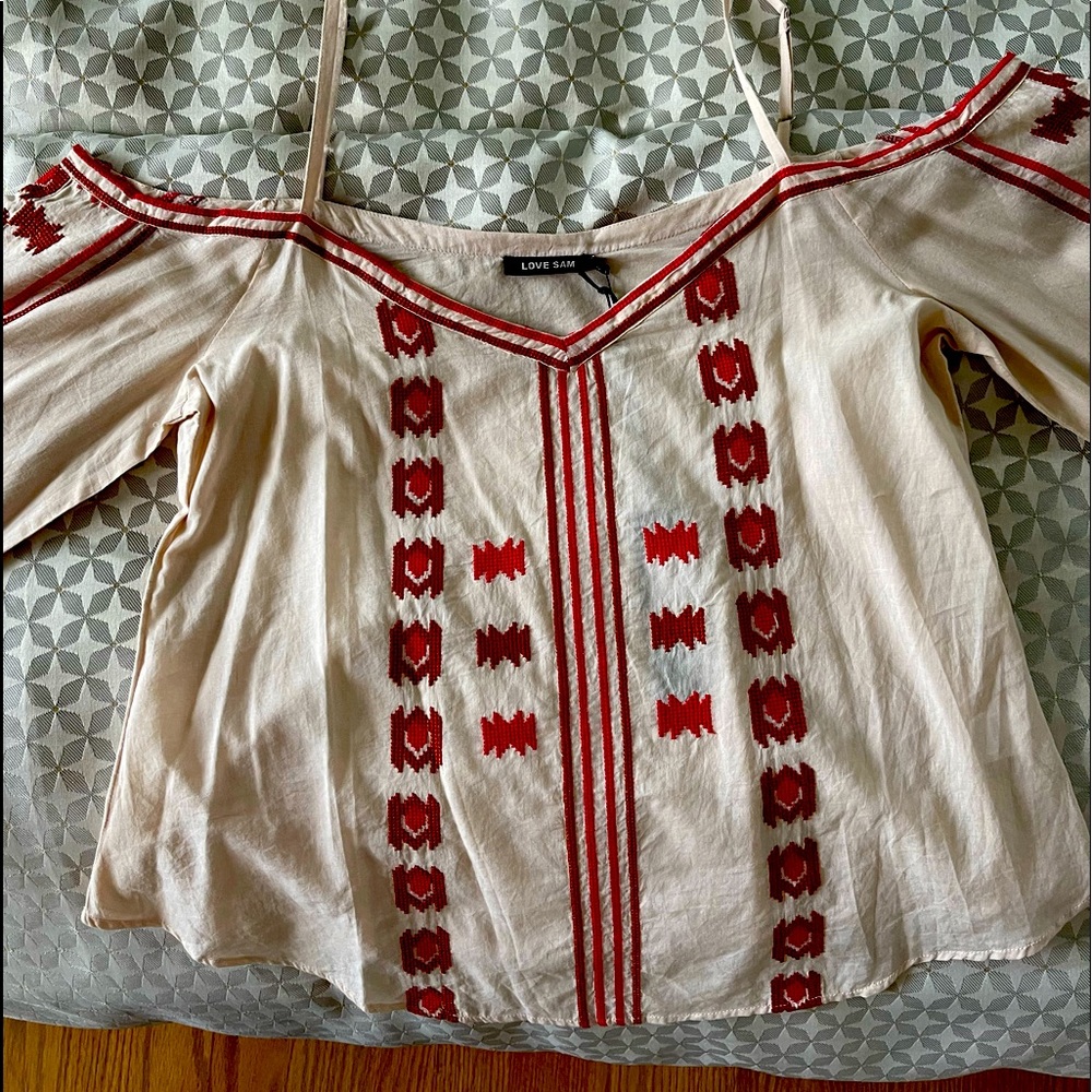 Love Sam cream and red embroidered details, off shoulders, long sleeves